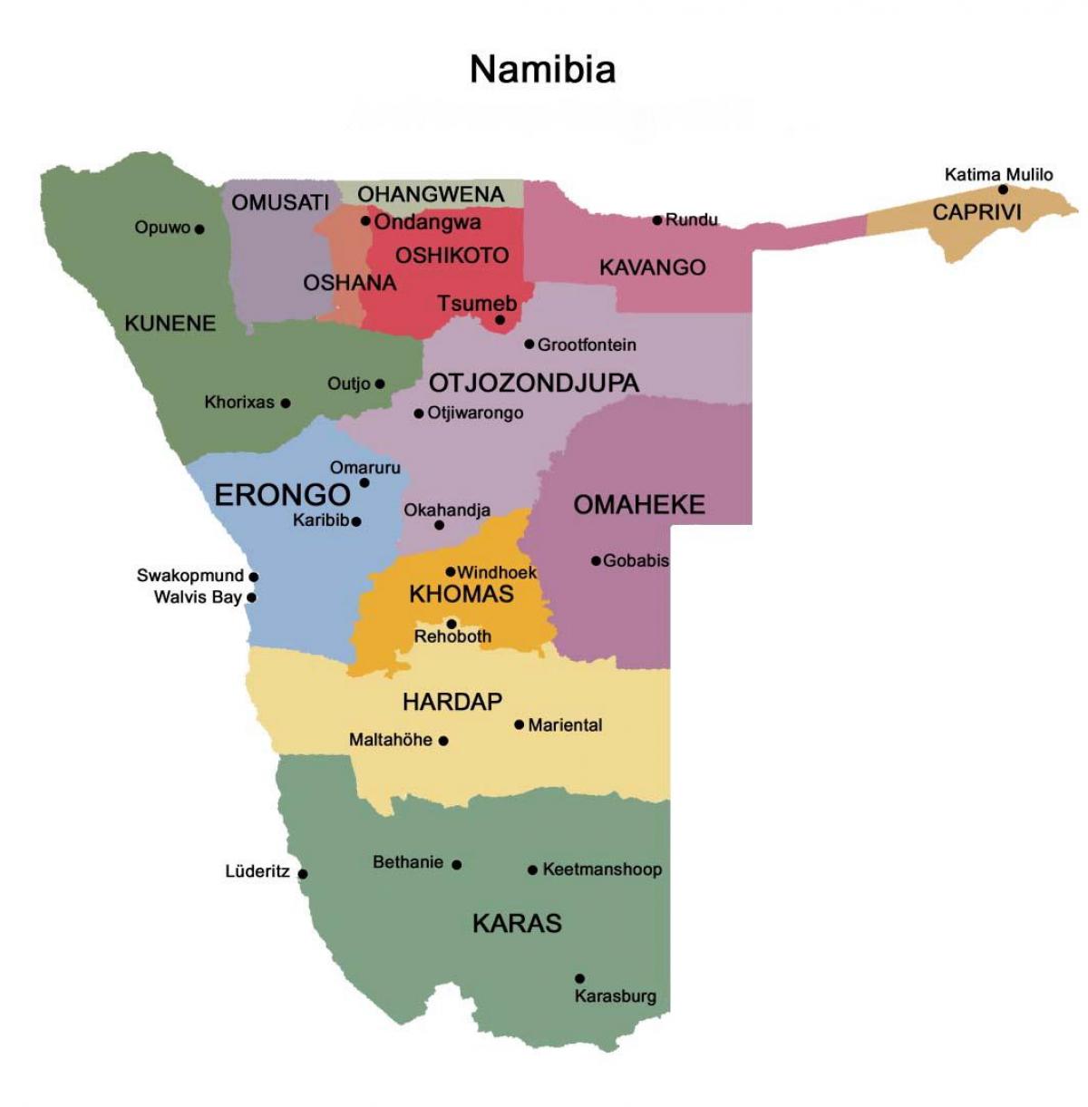 Карта Намибије са регионима